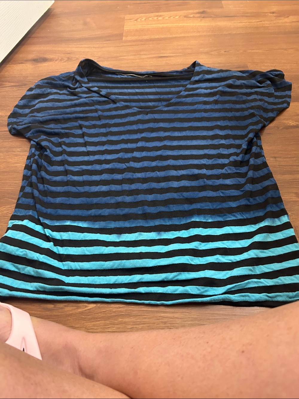 Michael Stars Striped V-Neck Tee in Navy and Teal